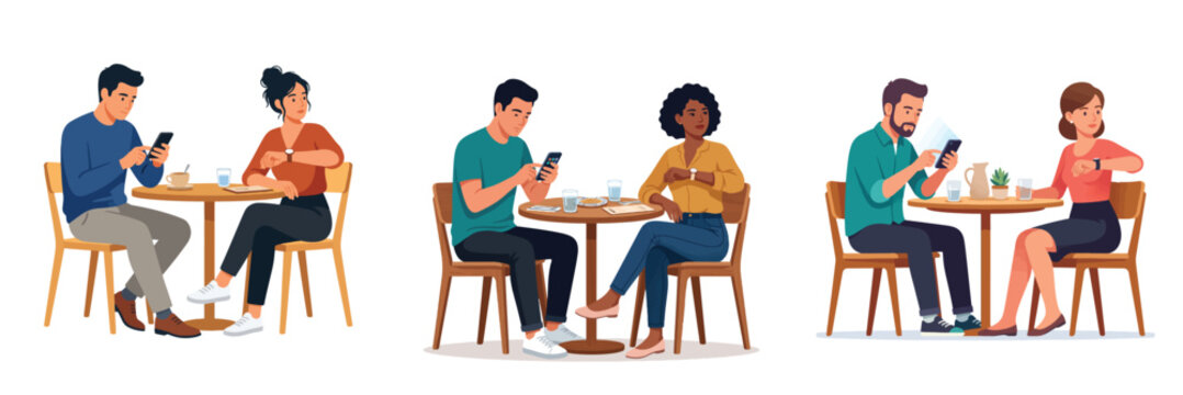 Flat illustration of couples on dates experiencing phubbing and smartphone distraction while sitting at cafe tables