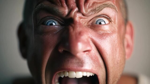 A man with a serious facial expression, featuring visible veins in his forehead and a wide-open mouth.