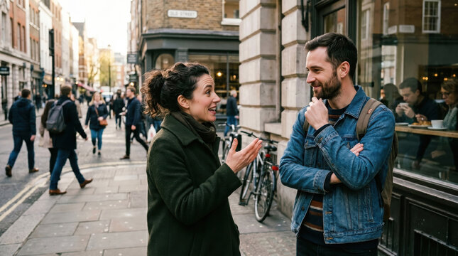 Man and woman having a conversation on a city street. Friends talking on an urban sidewalk. Social interaction and communication concept