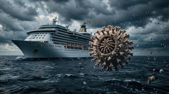 Microscopic hantavirus floating in the foreground with a large cruise ship in the background in sea. Travel health risk and global pandemic outbreak concept on the ocean under stormy clouds