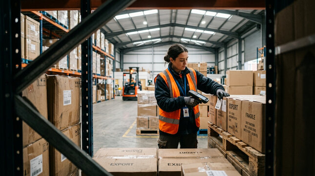 Female warehouse worker in high-visibility safety vest scanning a shipping label on a cardboard box with a handheld barcode scanner in a large industrial distribution center warehouse.