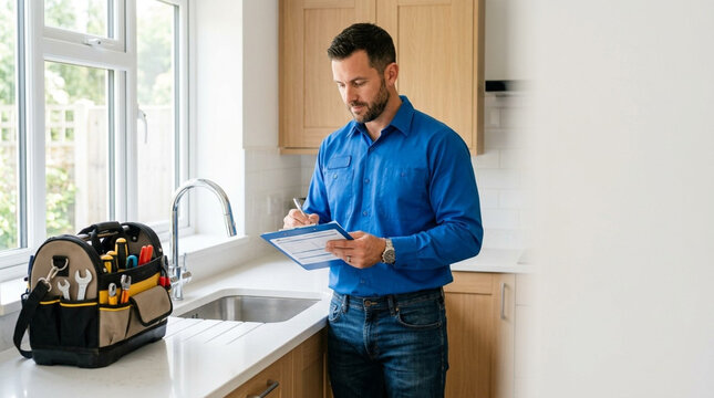Male service technician in blue shirt writing on clipboard in residential kitchen near sink with tool bag for maintenance inspection and repair estimation service.