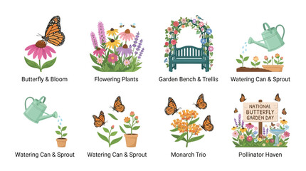 Fototapeta premium Set of Vector Icons Illustrating Garden Themes for National Butterfly Garden Day