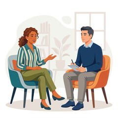 Obraz premium Diverse couple in therapy session, discussing issues with a psychologist in a modern, minimalist office.