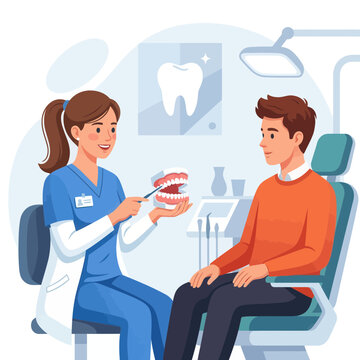 Dentist Explaining Oral Hygiene to Patient with Dental Model and Tooth Chart