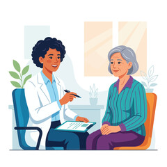 Obraz premium Doctor Consulting Elderly Patient, Vector Illustration of Healthcare and Medical Consultation