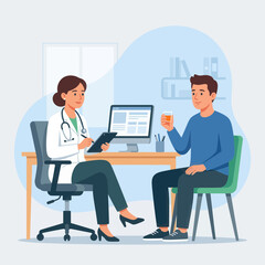 Fototapeta premium Doctor consulting patient in clinic, discussing health and treatment, simple vector illustration