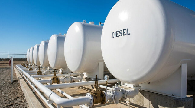 Large white horizontal diesel fuel storage tanks in a row at an industrial facility with connecting metal pipes, brass valves, and pressure gauges under a clear blue sky outdoors.
