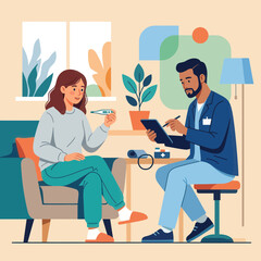 Fototapeta premium Doctor consulting patient with thermometer, medical check-up, healthcare concept illustration