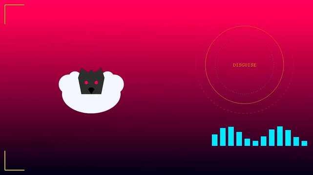 A digital phishing vector animation displays a wolf in sheep clothing icon shifting across a vibrant magenta screen with rhythmic sound wave bars pulsing below