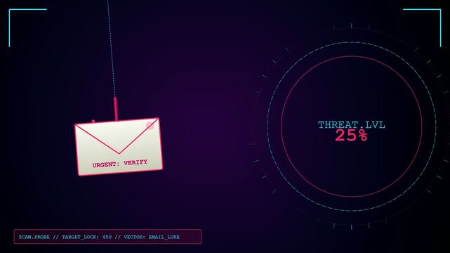 A digital phishing vector alert graphic displaying fluctuating threat levels for email cybersecurity monitoring systems showing rising and falling danger percentages within a purple atmosphere