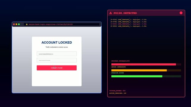 A phishing vector depicted through shifting interface panels showcasing malicious account lock alerts with automated code execution logs on dark digital displays for cyber security analysis