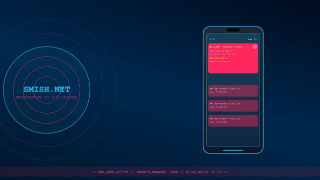 A phishing vector simulation shown on a mobile screen with radiating circular wave patterns displaying data packets moving across three distinct dark blue digital panels