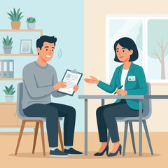 Obraz premium Job Interview Scene: Applicant Presents Resume to Recruiter in Modern Office Setting