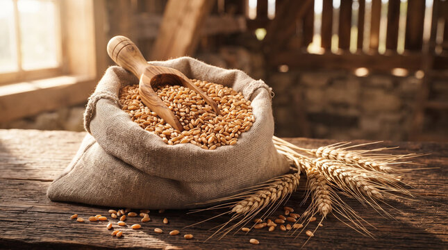Wheat grains in burlap sack with wooden scoop in rustic barn style, warm golden tones, representing organic harvest with copy space