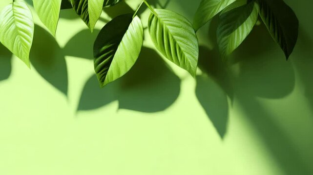Bright and refreshing green leaves of a plant standing on a green surface with sunlight casting shadows.