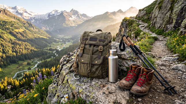 Hiking gear with canvas backpack, boots, and poles on rocky trail, earthy green tones, representing mountain adventure with copy space