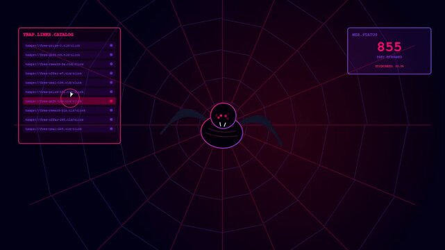 A digital phishing vector animation displays a menacing spider on a web interface as multiple malicious URL links pop up while counting total network access