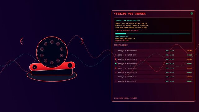 A digital phishing vector interface display featuring glowing red circular network nodes and cascading lines of code scrolling across a dark monitor during active data analysis