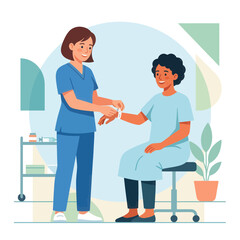 Obraz premium Nurse Applies Bandage to Patient's Wrist in Medical Setting Vector Illustration