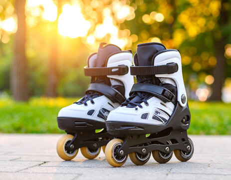 A pair of inline roller skates standing on a paved surface outdoors at sunset.