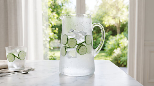 Glass pitcher of cucumber detox water with ice on marble table, green and white tones, representing summer hydration with copy space