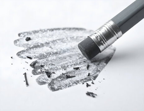 A graphite pencil eraser wiping away a dark grey charcoal stroke on white paper.