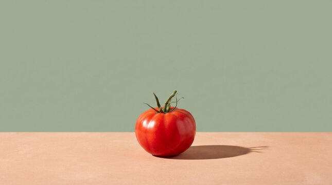 Ripe red heirloom tomato in minimalist studio style, sage green and terracotta colors, representing organic harvest, culinary ingredients, and healthy eating with copy space