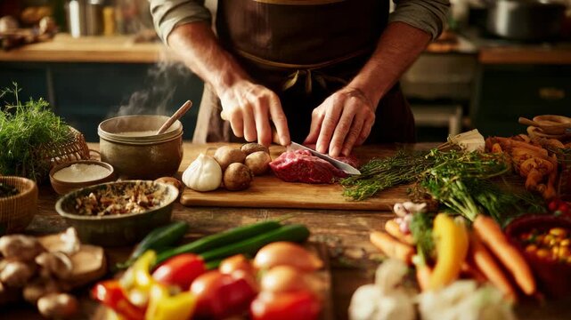 A chef diligently working on preparing a delectable meal with fresh ingredients such as meat and vegetables.