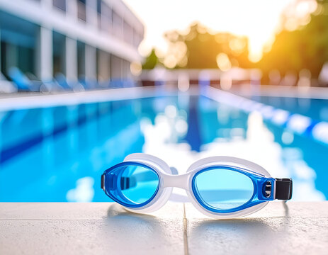 Blue swimming goggles resting on the white tiled edge of a pool with water visible in the .
