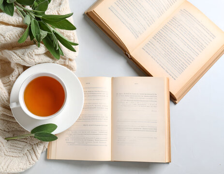 A white teacup filled with tea sits on a saucer next to two open books on a white surface, with fresh sage leaves resting on a white knitted blanket.