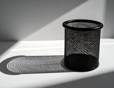 Black wire mesh pencil holder casting a distinct grid pattern shadow on a white surface.