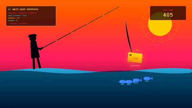 A phishing vector simulation shows a stylized stick figure pulling a credit card lure from the digital ocean surface as game score counters rapidly increment above