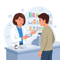 Obraz premium Pharmacist Consulting Patient: Healthcare Advice and Medicine Dispensing at Pharmacy Counter