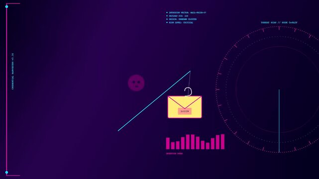 A digital phishing vector visualization displays an animated envelope hooked like bait on a glowing purple screen as system threat bars move in real time