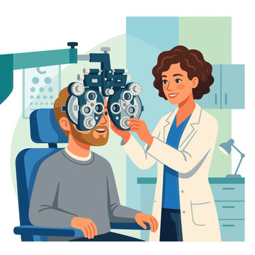 Optometrist performing eye exam with phoropter on a patient in a clinic - vector illustration