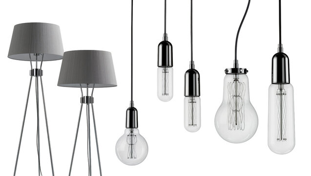 Isolated elegant floor lamps with tripod bases and multiple decorative Edison filament bulbs