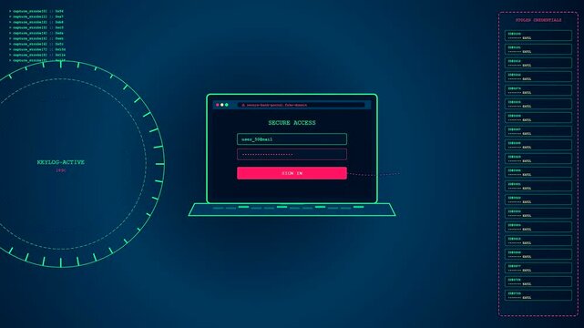 A digital phishing vector animation showing multiple laptop screens displaying login credentials and active monitoring interfaces within a dark blue computer system data environment interface