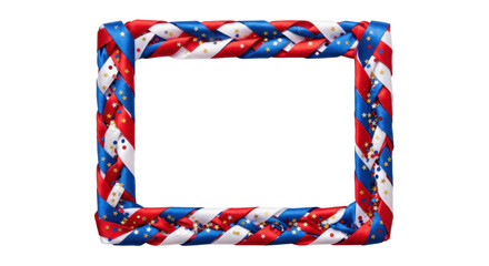 Fototapeta premium A festive rectangular frame made of braided red, white, and blue ribbons with sparkles, captured in a clean studio shot on white background.