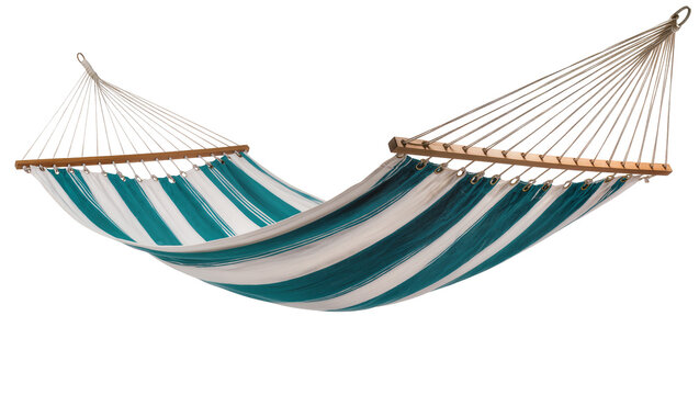 Isolated striped fabric hammock with wooden spreader bars and ropes, comfortable relaxation