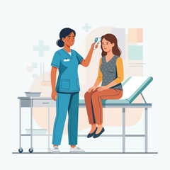 Obraz premium Nurse taking patient's temperature with infrared thermometer, healthcare and medical check-up illustration