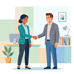 Fototapeta premium Business handshake between a man and a woman in an office setting, representing agreement and partnership.