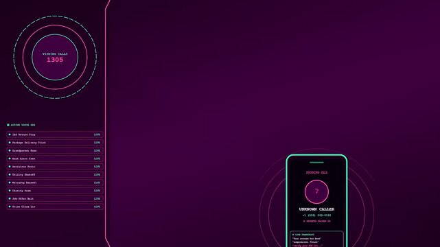 A digital phishing vector interface displaying live statistics and call alerts on a dark purple screen with circular radar elements indicating active incoming threat traffic