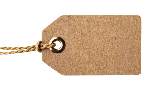 Isolated blank brown paper retail price tag with natural string and brass eyelet detail
