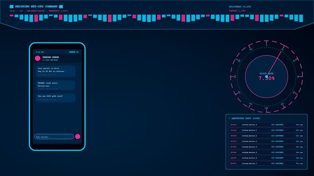 A sophisticated phishing vector display animation shows digital screens with glowing pink graphics and user activity metrics shifting across a dark blue interface for cybersecurity monitoring