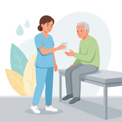 Fototapeta premium Caring nurse gives water to elderly man, healthcare and compassion illustration