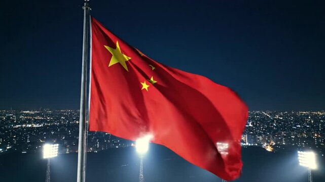 China National Flag Waving Over Night City Skyline
