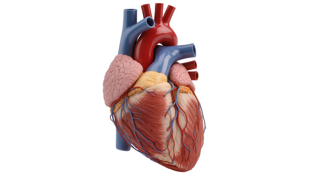 Isolated detailed anatomical 3D rendering of a human heart showcasing vessels and muscle tissue