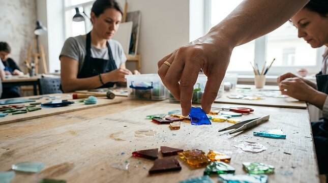 A Vertical Close-Up of a Person's Hand Delicately Reaching for a Piece of Vitrage Glass During a Mosaic Art Masterclass Showcasing Focus Passion and the Vibrant Colors of the Craft verticale vertical