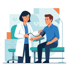 Fototapeta premium Doctor checking patient's blood pressure with sphygmomanometer in a modern clinic setting, flat illustration style